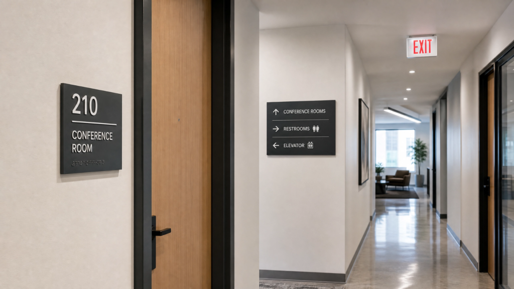 Modern commercial office hallway featuring a comprehensive signage system, including a dark charcoal ADA compliant conference room sign with raised white lettering and Braille, alongside a matching directional wayfinding sign pointing to restrooms and elevators.
