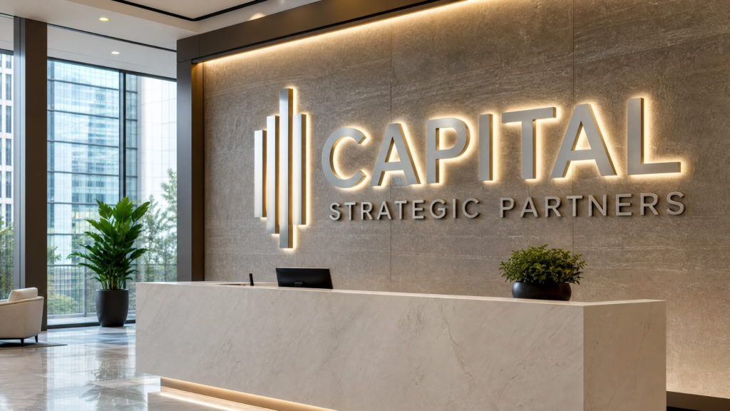 Modern corporate reception area featuring a premium dimensional lobby sign with backlit brushed metal letters spelling 'CAPITAL STRATEGIC PARTNERS' mounted on a textured stone accent wall behind a white marble reception desk