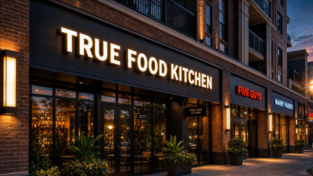 Upscale urban retail district at dusk featuring multiple commercial storefronts with bright, illuminated channel letter signs, including prominent front-lit white LED letters mounted on a dark facade.