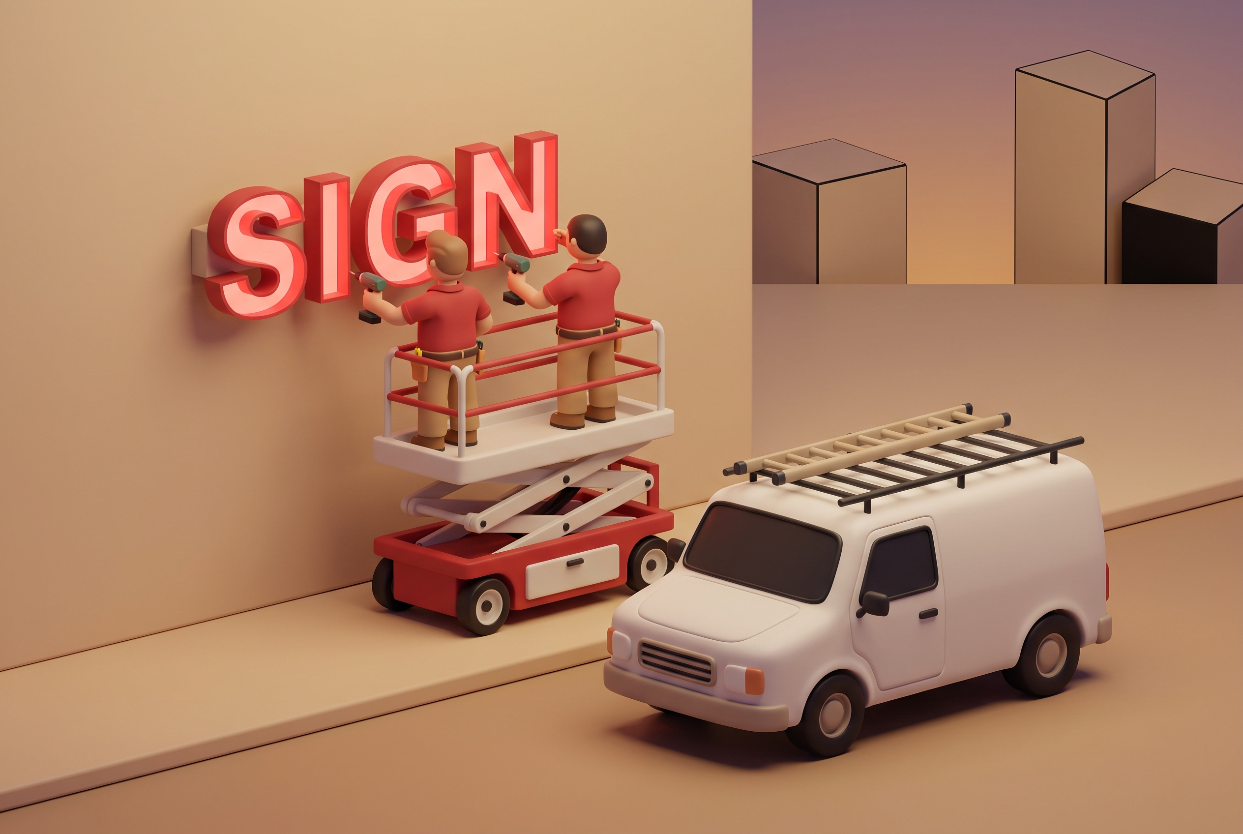 DVC installation crew mounting an illuminated storefront sign onto a building facade