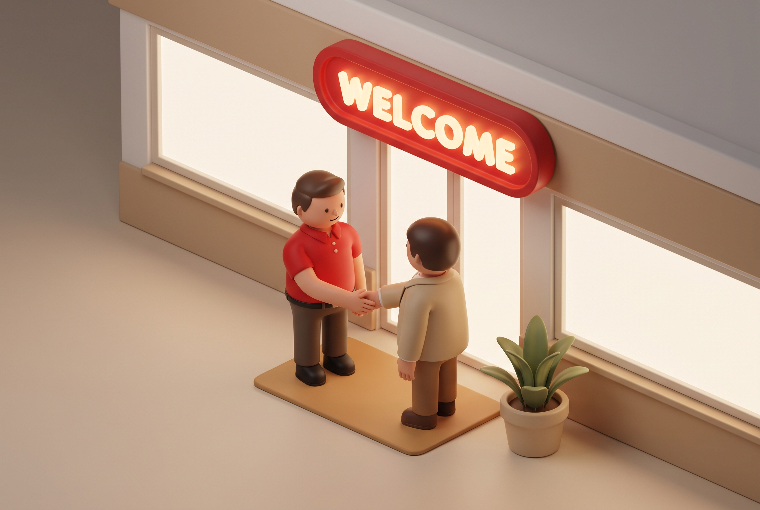 DVC representative shaking hands with a client in front of a finished, illuminated storefront sign
