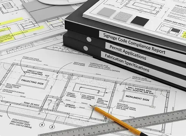 Commercial signage plans, permitting documents, and fabrication specifications