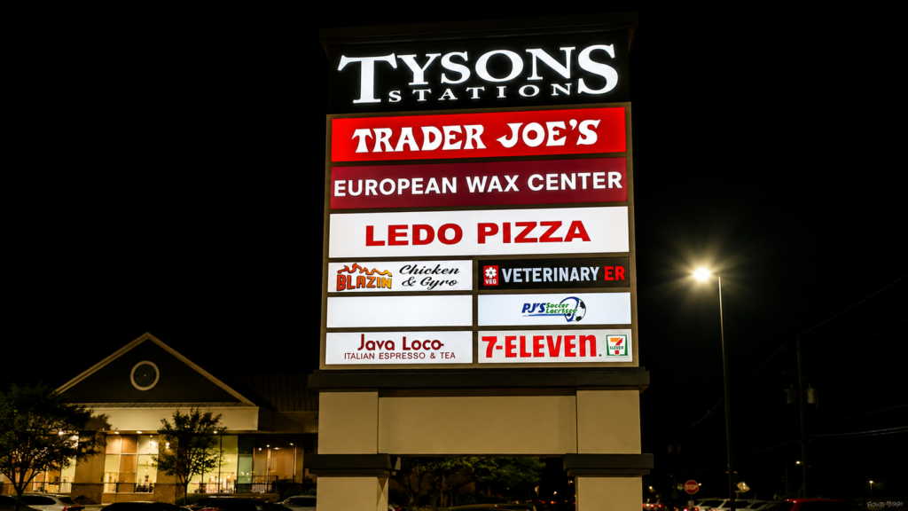 Illuminated Tysons Station tenant pylon sign displaying multiple business names at night.