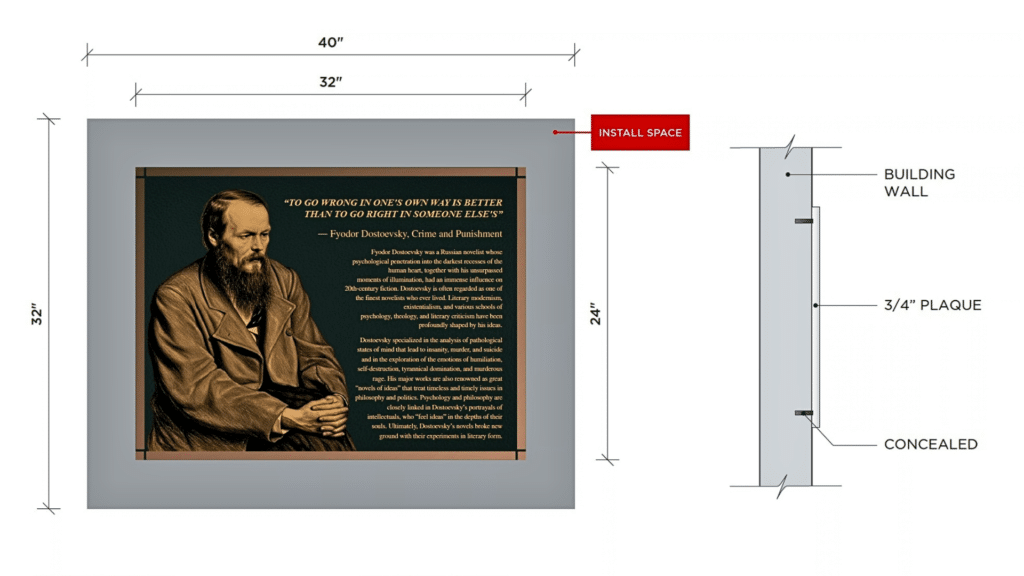 Preliminary design document showing dimensions, bronze finish, artwork, and concealed mounting details for a custom building plaque.