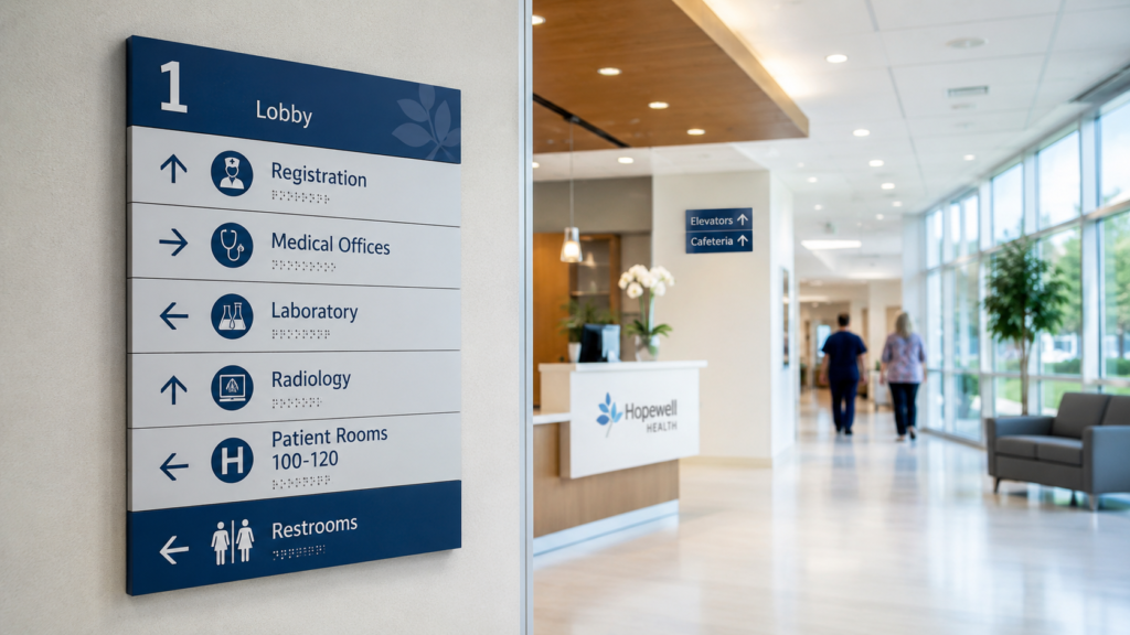 ADA-compliant hospital wayfinding signs directing visitors to registration, medical offices, laboratory, radiology, patient rooms, and restrooms.