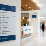 ADA-compliant hospital wayfinding signs directing visitors to registration, medical offices, laboratory, radiology, patient rooms, and restrooms.