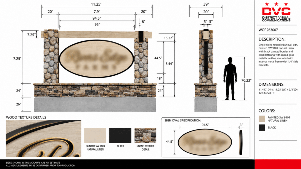 Custom HDU monument sign design for Rivers Edge Farms featuring an oval sign panel, routed lettering, wood-grain texture, and stone pillars.