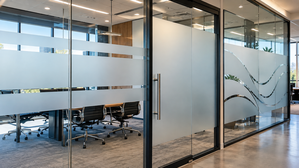 Modern office glass partitions featuring full-coverage frosted privacy film, horizontal privacy bands, and decorative frosted glass designs.