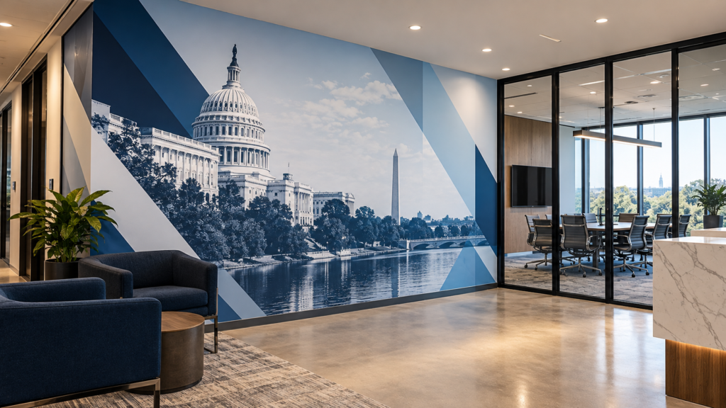 Modern Washington DC office interior featuring a large custom wall mural with the US Capitol, Washington Monument, and blue geometric graphics