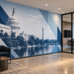 Modern Washington DC office interior featuring a large custom wall mural with the US Capitol, Washington Monument, and blue geometric graphics